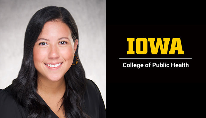 head shot of GHS Alum Alejandra Escoto with Iowa College of Public Health block logo